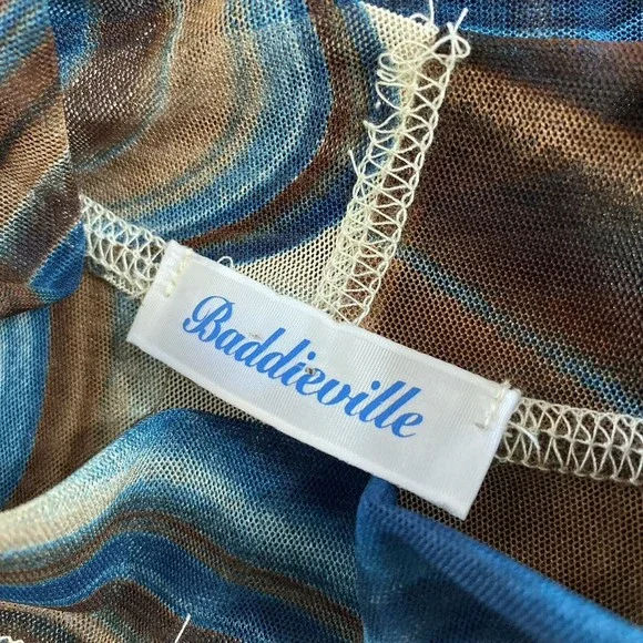 Vtg 90s Y2k Mesh Dress S M Bodycon Swirl Sheer Stretch Blue Brown Rave Club - Picture 9 of 11